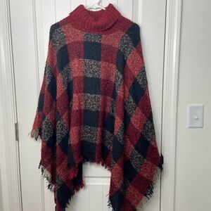 EUC women’s black red‎ tan checkered plaid super soft knit fringe poncho sweater